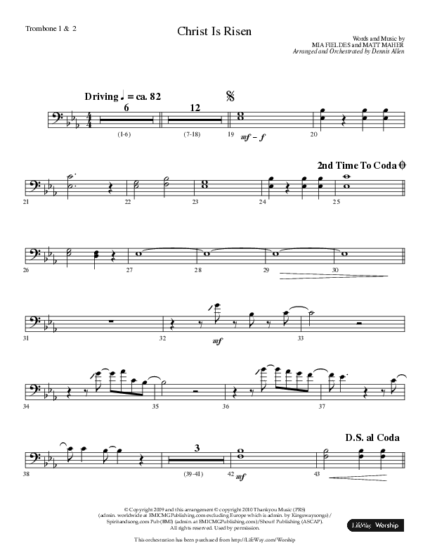 Christ Is Risen (Choral Anthem SATB) Trombone 1/2 (Lifeway Choral / Arr. Dennis Allen)