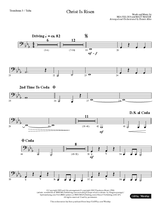 Christ Is Risen (Choral Anthem SATB) Trombone 3/Tuba (Lifeway Choral / Arr. Dennis Allen)