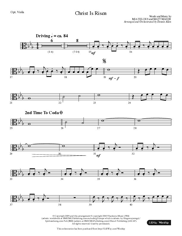 Christ Is Risen (Choral Anthem SATB) Viola (Lifeway Choral / Arr. Dennis Allen)
