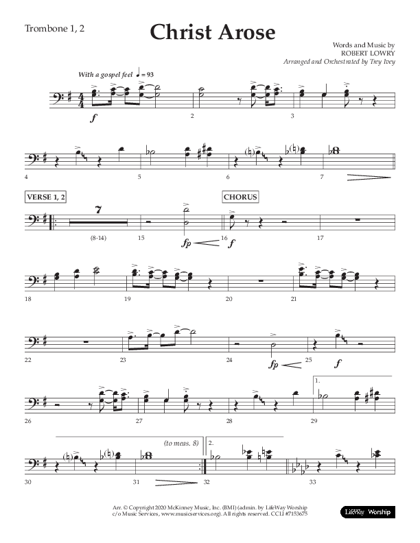 Christ Arose (Choral Anthem SATB) Trombone 1/2 (Lifeway Choral / Arr. Trey Ivey)