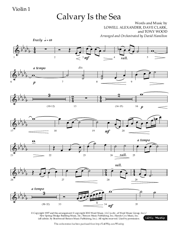 Calvary Is The Sea (Choral Anthem SATB) Violin 1 (Lifeway Choral / Arr. David Hamilton)