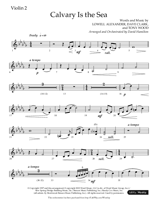 Calvary Is The Sea (Choral Anthem SATB) Violin 2 (Lifeway Choral / Arr. David Hamilton)