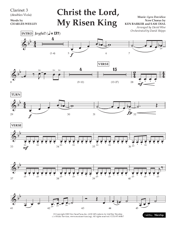 Christ The Lord My Risen King (Choral Anthem SATB) Clarinet 3 (Lifeway Choral / Arr. David Wise / Orch. David Shipps)