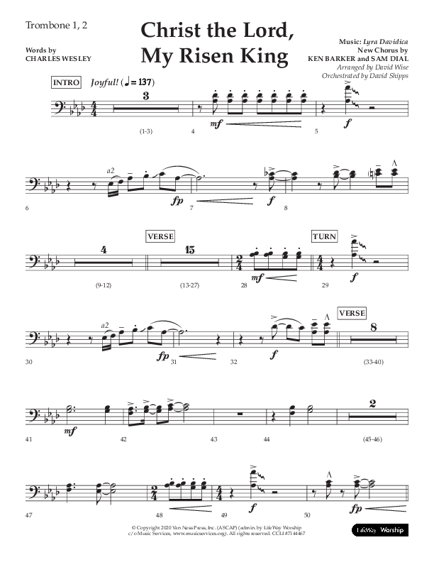 Christ The Lord My Risen King (Choral Anthem SATB) Trombone 1/2 (Lifeway Choral / Arr. David Wise / Orch. David Shipps)