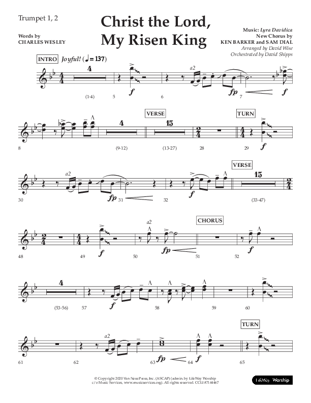 Christ The Lord My Risen King (Choral Anthem SATB) Trumpet 1,2 (Lifeway Choral / Arr. David Wise / Orch. David Shipps)