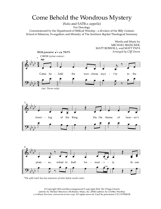 Come Behold The Wondrous Mystery (Choral Anthem SATB) Anthem (SATB/Piano) (Lifeway Choral / Arr. Cliff Duren)