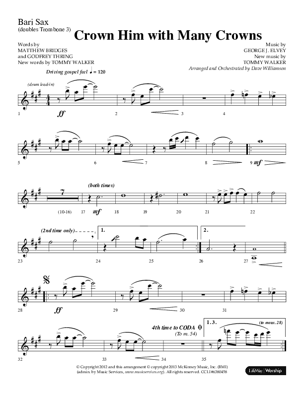Crown Him With Many Crowns (Choral Anthem SATB) Bari Sax (Lifeway Choral / Arr. Dave Williamson)