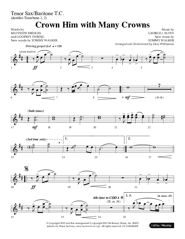 Crown Him With Many Crowns (Choral Anthem SATB) Tenor Sax/Baritone T.C. (Lifeway Choral / Arr. Dave Williamson)