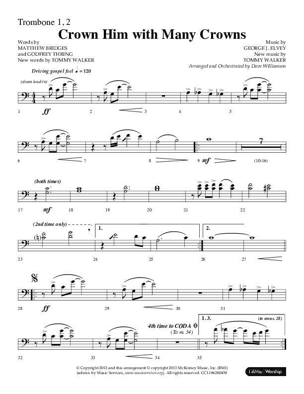 Crown Him With Many Crowns (Choral Anthem SATB) Trombone 1/2 (Lifeway Choral / Arr. Dave Williamson)