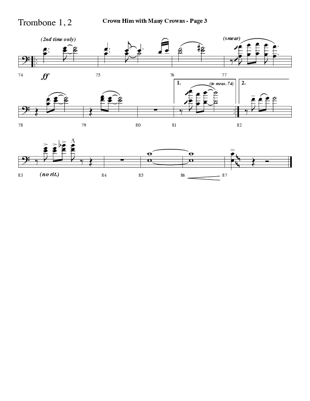 Crown Him With Many Crowns (Choral Anthem SATB) Trombone 1/2 (Lifeway Choral / Arr. Dave Williamson)
