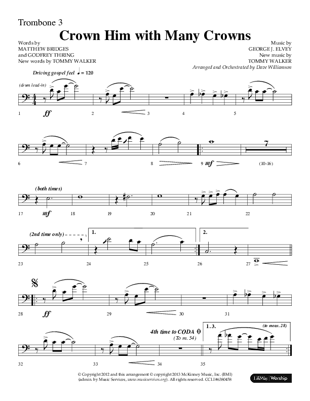Crown Him With Many Crowns (Choral Anthem SATB) Trombone 3 (Lifeway Choral / Arr. Dave Williamson)