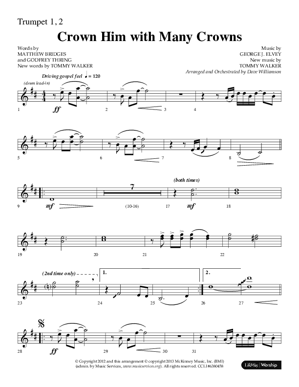Crown Him With Many Crowns (Choral Anthem SATB) Trumpet 1,2 (Lifeway Choral / Arr. Dave Williamson)