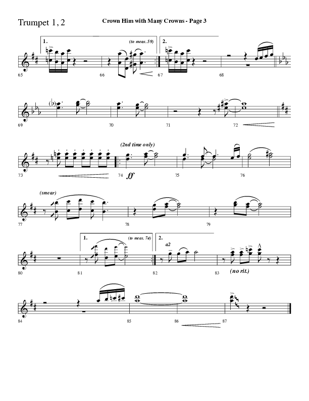 Crown Him With Many Crowns (Choral Anthem SATB) Trumpet 1,2 (Lifeway Choral / Arr. Dave Williamson)