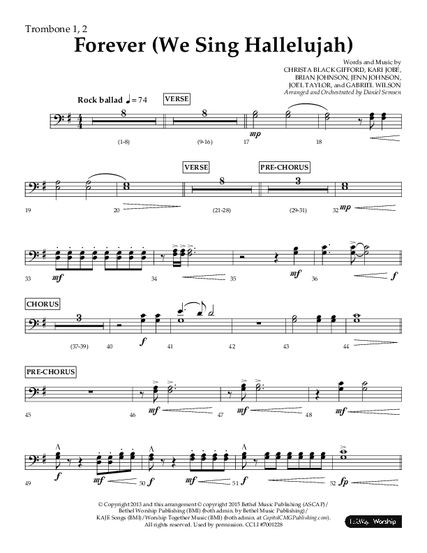 Forever (We Sing Hallelujah) (Choral Anthem SATB) Trombone 1/2 (Lifeway Choral / Arr. Daniel Semsen)