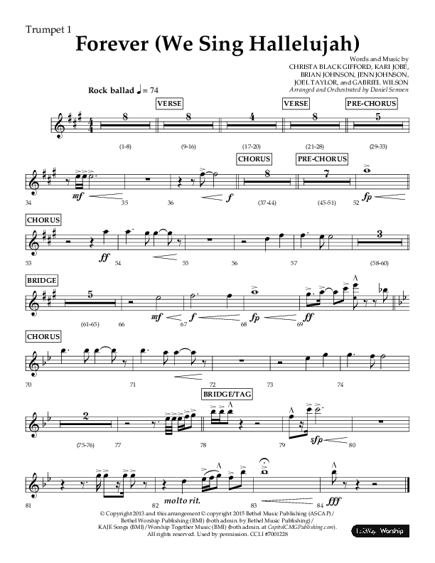 Forever (We Sing Hallelujah) (Choral Anthem SATB) Trumpet 1 (Lifeway Choral / Arr. Daniel Semsen)