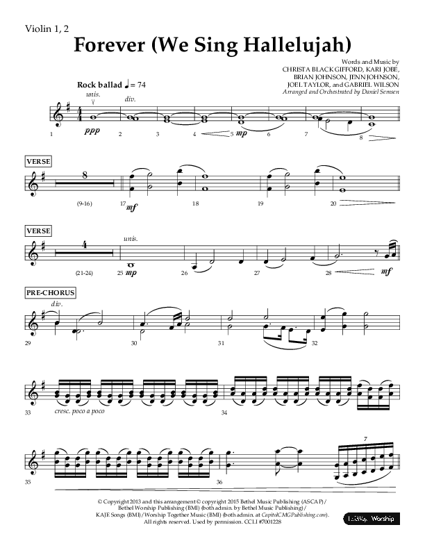 Forever (We Sing Hallelujah) (Choral Anthem SATB) Violin 1/2 (Lifeway Choral / Arr. Daniel Semsen)