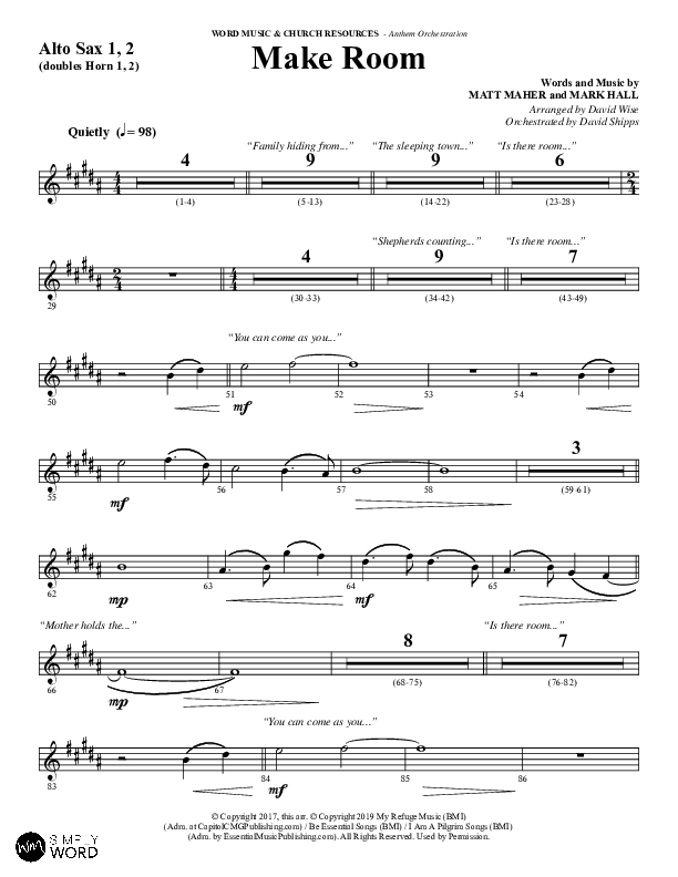 Make Room (Choral Anthem SATB) Alto Sax 1/2 (Word Music Choral / Arr. David Wise / Orch. David Shipps)