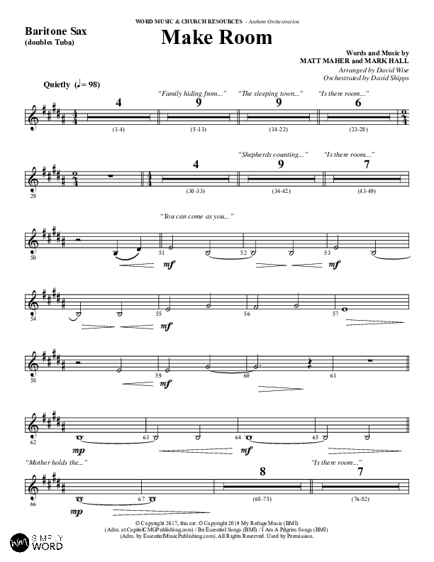 Make Room (Choral Anthem SATB) Bari Sax (Word Music Choral / Arr. David Wise / Orch. David Shipps)