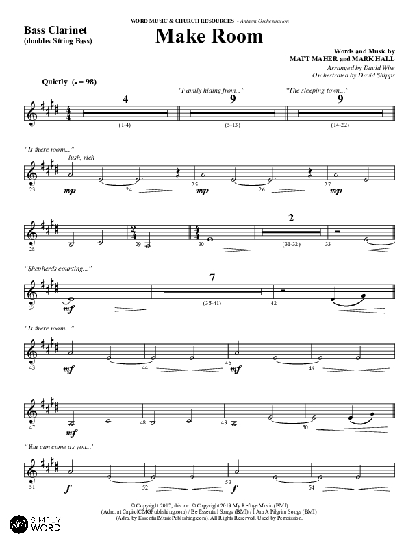 Make Room (Choral Anthem SATB) Bass Clarinet (Word Music Choral / Arr. David Wise / Orch. David Shipps)
