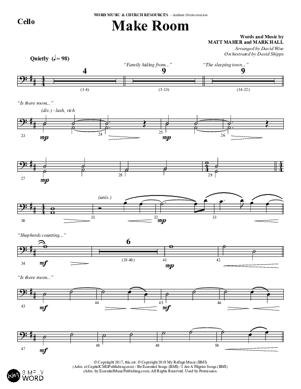 Make Room (Choral Anthem SATB) Cello (Word Music Choral / Arr. David Wise / Orch. David Shipps)