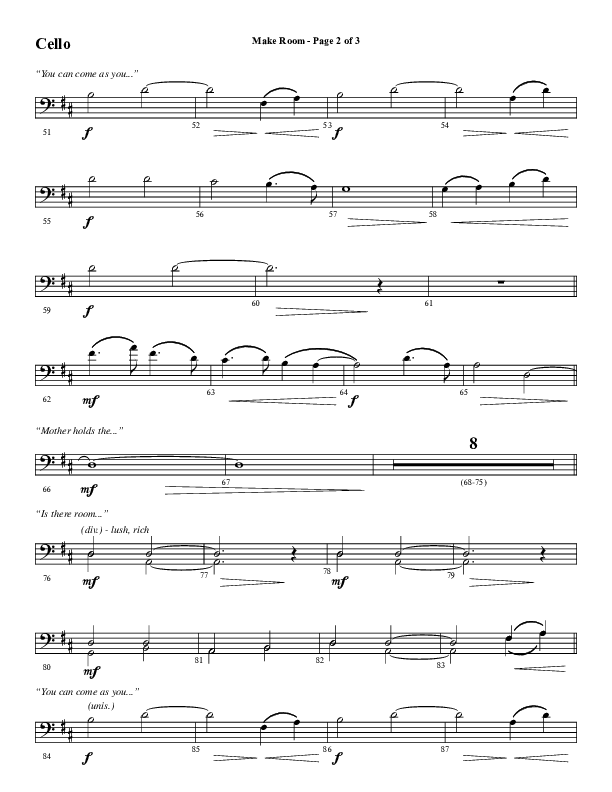 Make Room (Choral Anthem SATB) Cello (Word Music Choral / Arr. David Wise / Orch. David Shipps)