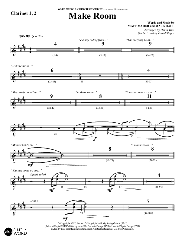 Make Room (Choral Anthem SATB) Clarinet 1/2 (Word Music Choral / Arr. David Wise / Orch. David Shipps)