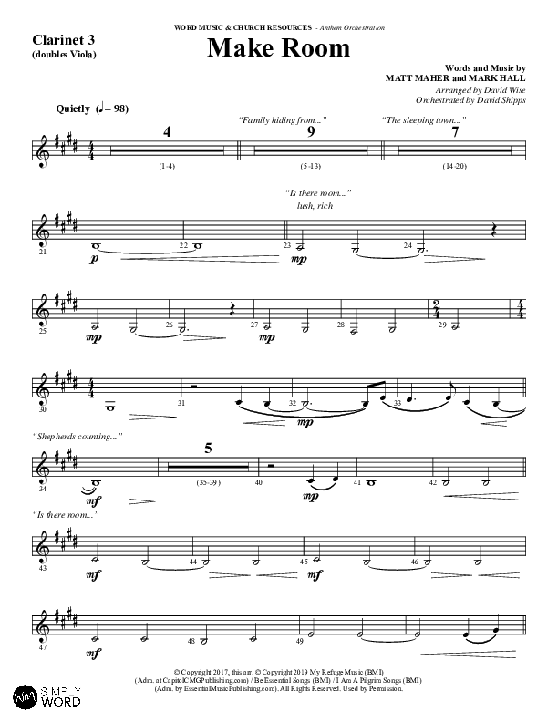 Make Room (Choral Anthem SATB) Clarinet 3 (Word Music Choral / Arr. David Wise / Orch. David Shipps)