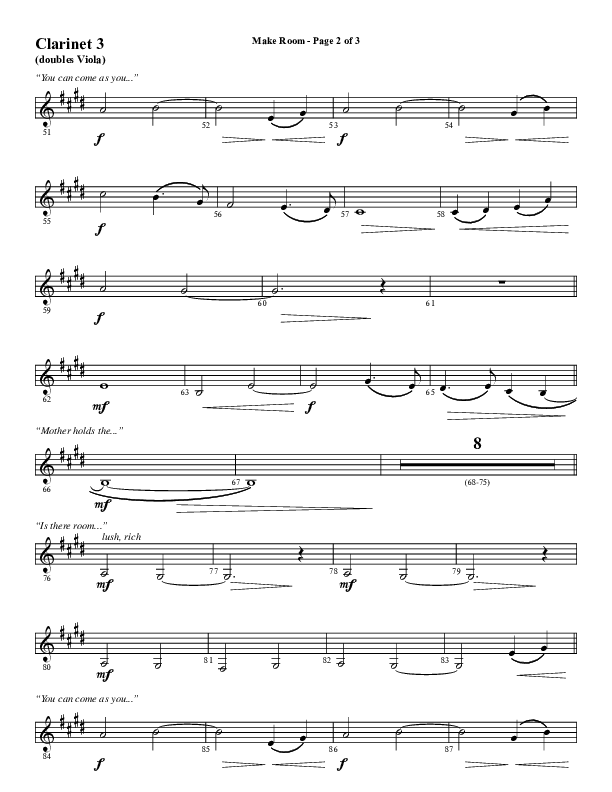 Make Room (Choral Anthem SATB) Clarinet 3 (Word Music Choral / Arr. David Wise / Orch. David Shipps)