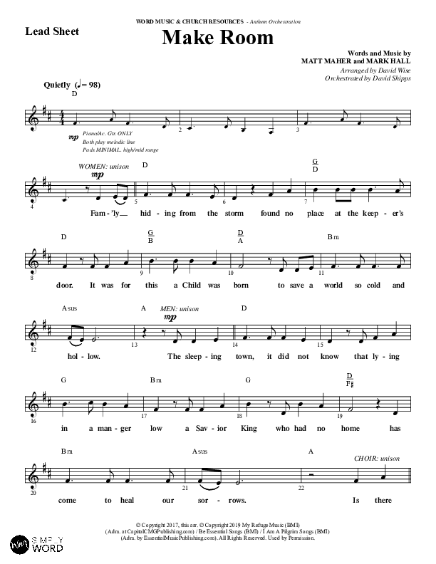 Make Room (Choral Anthem SATB) Lead Sheet (Melody) (Word Music Choral / Arr. David Wise / Orch. David Shipps)