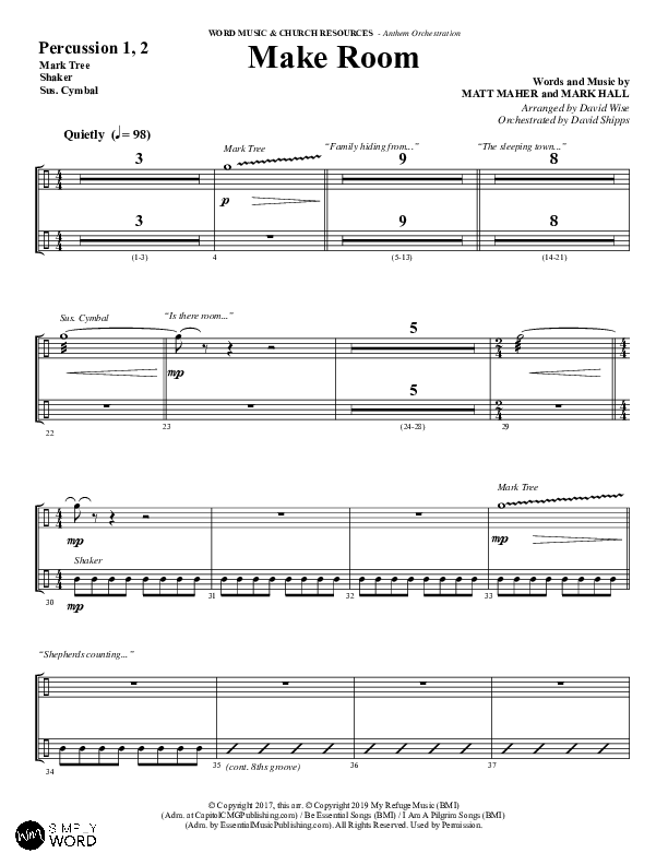 Make Room (Choral Anthem SATB) Percussion 1/2 (Word Music Choral / Arr. David Wise / Orch. David Shipps)