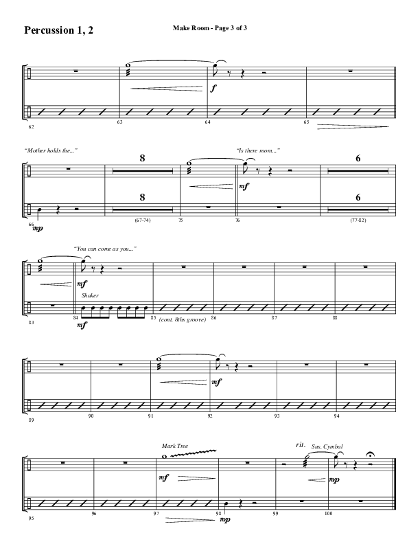 Make Room (Choral Anthem SATB) Percussion 1/2 (Word Music Choral / Arr. David Wise / Orch. David Shipps)
