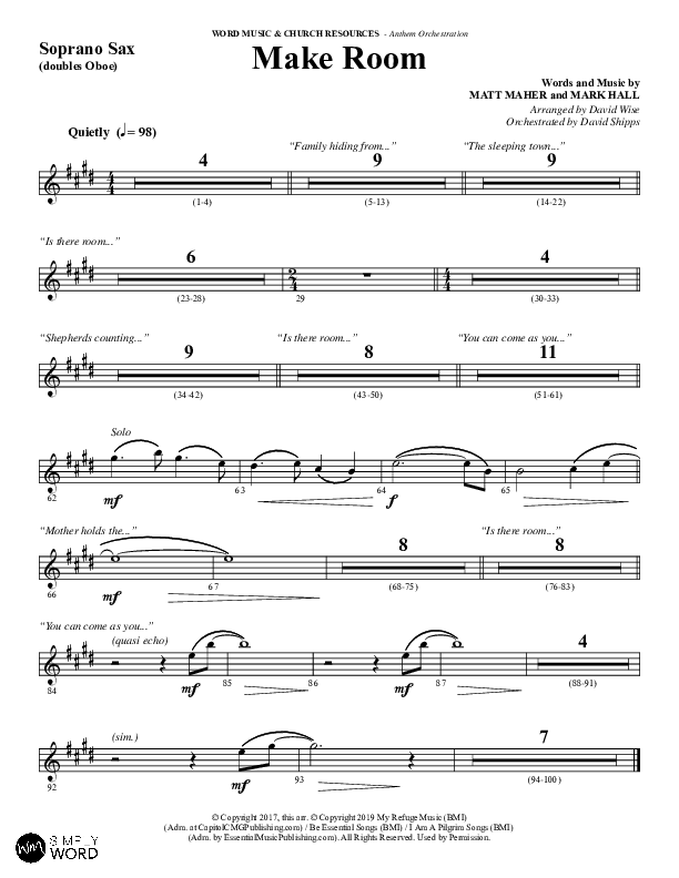 Make Room (Choral Anthem SATB) Soprano Sax (Word Music Choral / Arr. David Wise / Orch. David Shipps)