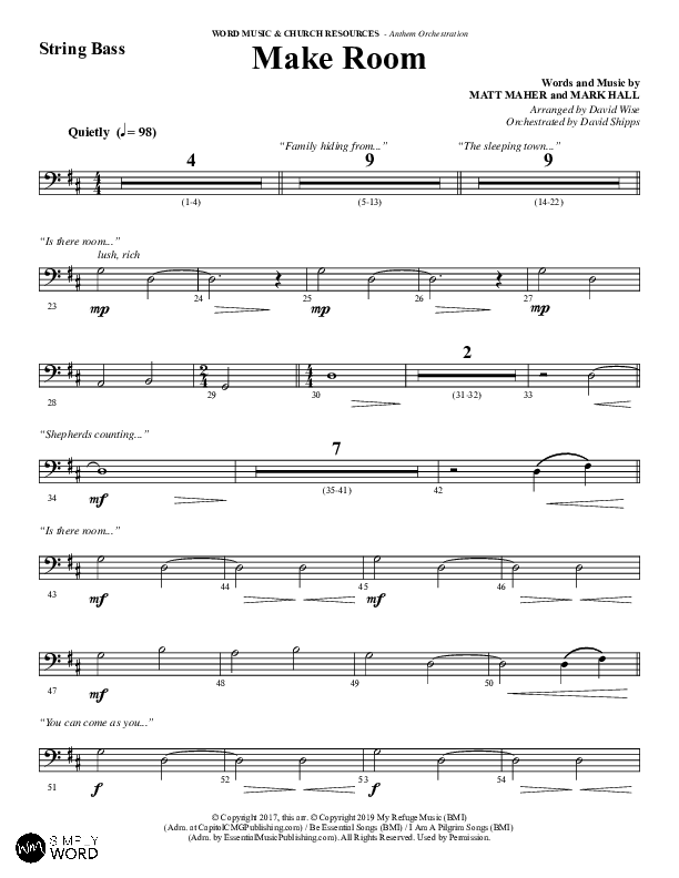 Make Room (Choral Anthem SATB) String Bass (Word Music Choral / Arr. David Wise / Orch. David Shipps)