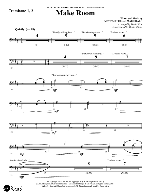 Make Room (Choral Anthem SATB) Trombone 1/2 (Word Music Choral / Arr. David Wise / Orch. David Shipps)