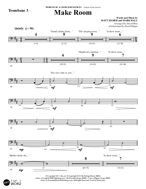 Make Room (Choral Anthem SATB) Trombone 3 (Word Music Choral / Arr. David Wise / Orch. David Shipps)