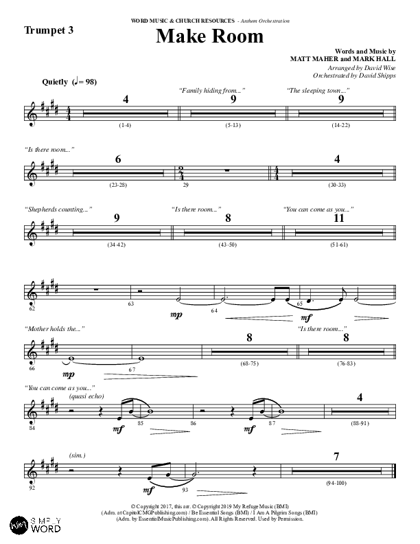 Make Room (Choral Anthem SATB) Trumpet 3 (Word Music Choral / Arr. David Wise / Orch. David Shipps)