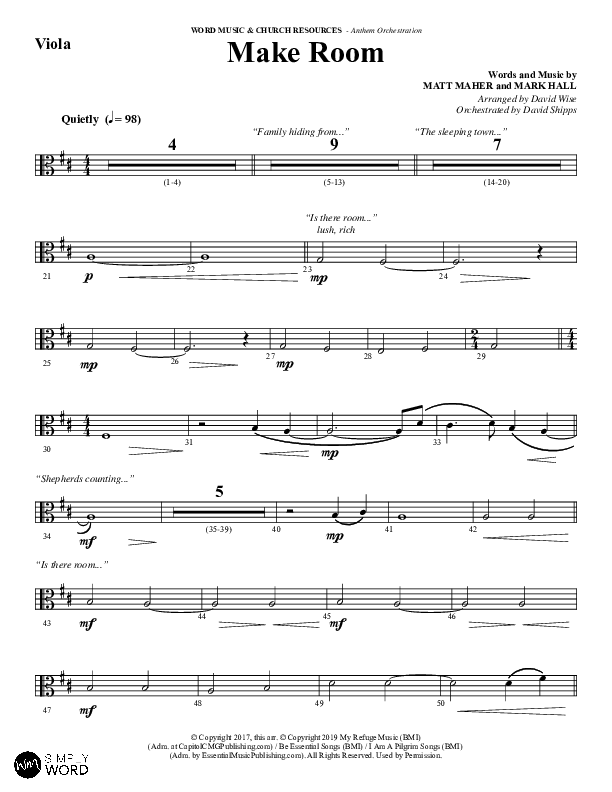 Make Room (Choral Anthem SATB) Viola (Word Music Choral / Arr. David Wise / Orch. David Shipps)