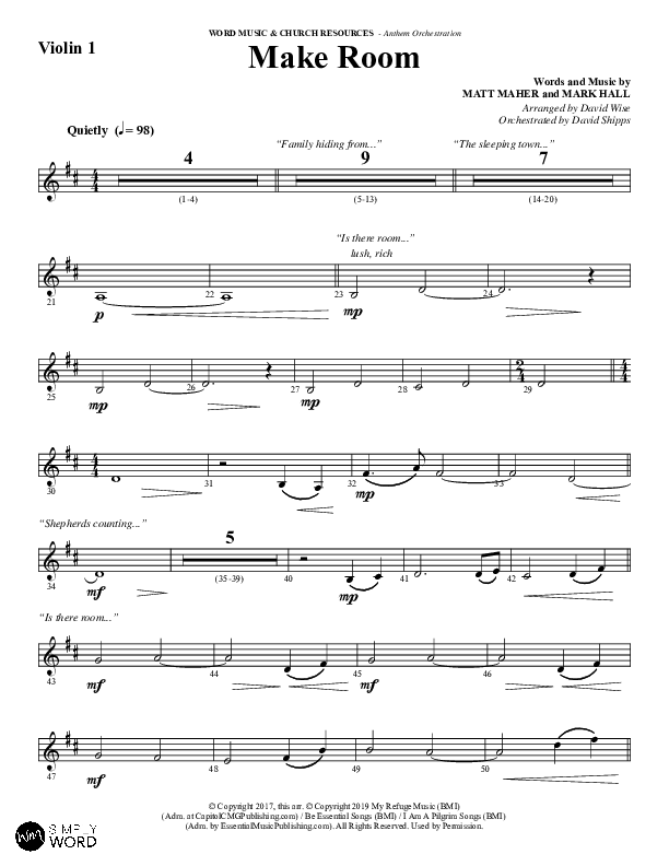 Make Room (Choral Anthem SATB) Violin 1 (Word Music Choral / Arr. David Wise / Orch. David Shipps)