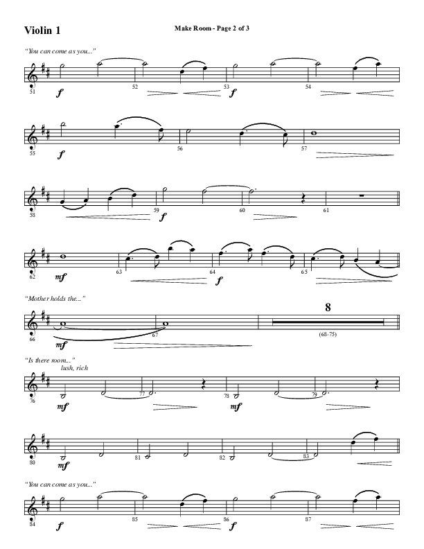 Make Room (Choral Anthem SATB) Violin 1 (Word Music Choral / Arr. David Wise / Orch. David Shipps)
