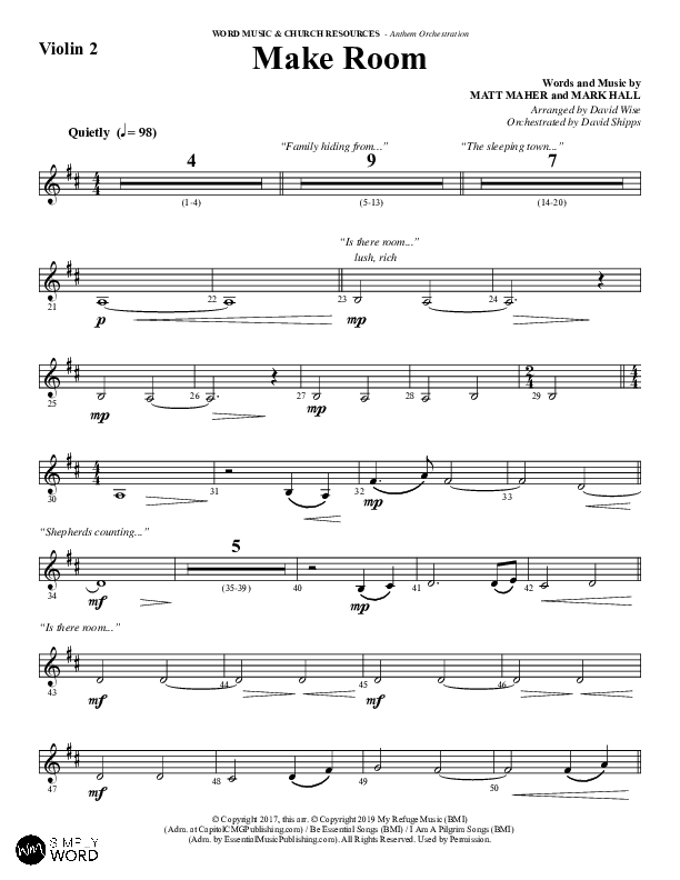 Make Room (Choral Anthem SATB) Violin 2 (Word Music Choral / Arr. David Wise / Orch. David Shipps)
