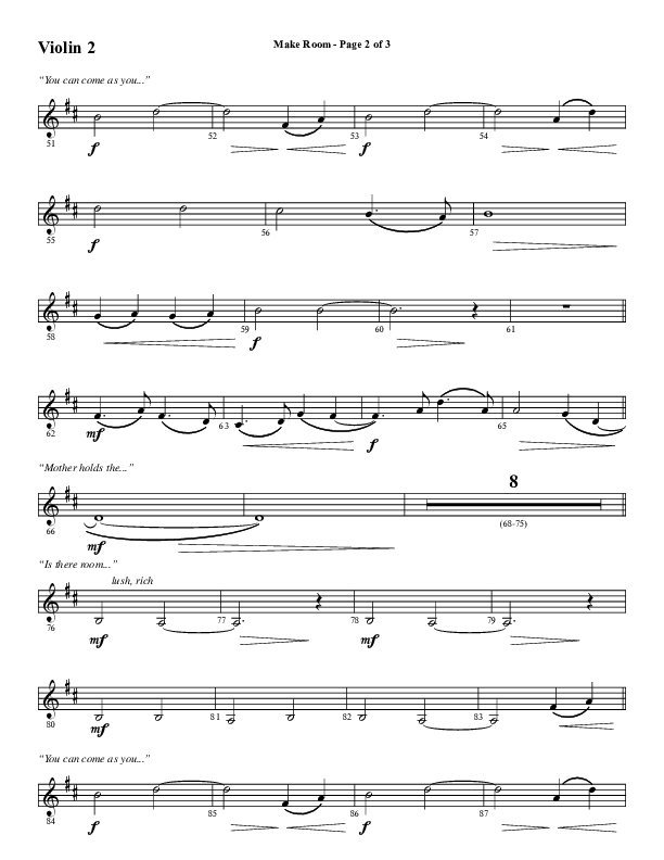 Make Room (Choral Anthem SATB) Violin 2 (Word Music Choral / Arr. David Wise / Orch. David Shipps)