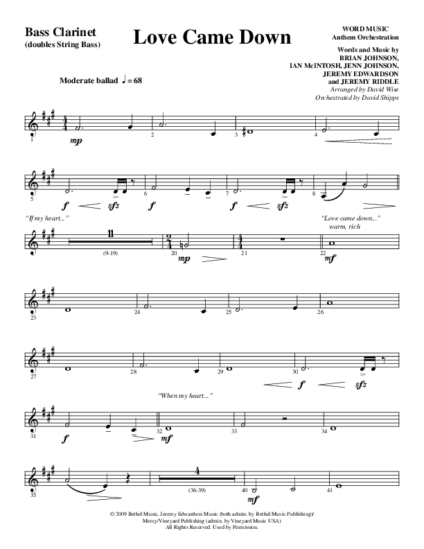 Love Came Down (Choral Anthem SATB) Bass Clarinet (Word Music Choral / Arr. David Wise / Orch. David Shipps)