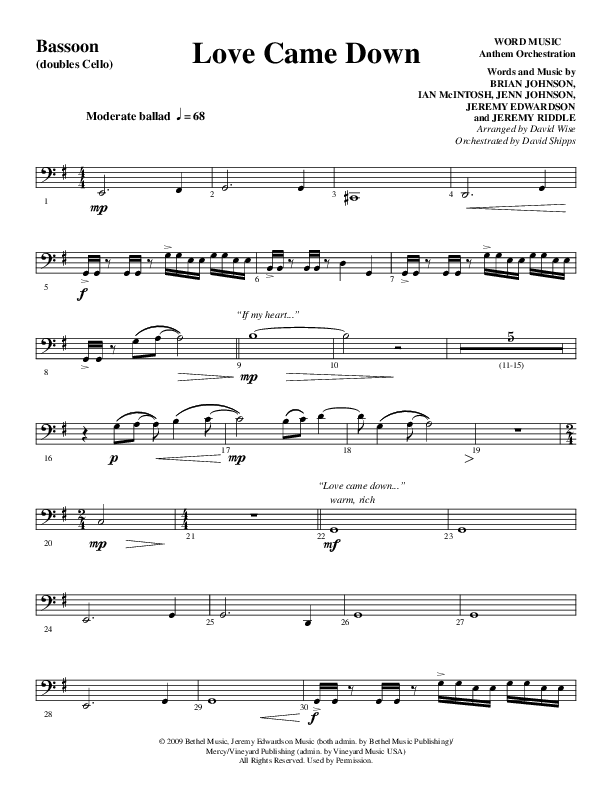 Love Came Down (Choral Anthem SATB) Bassoon (Word Music Choral / Arr. David Wise / Orch. David Shipps)