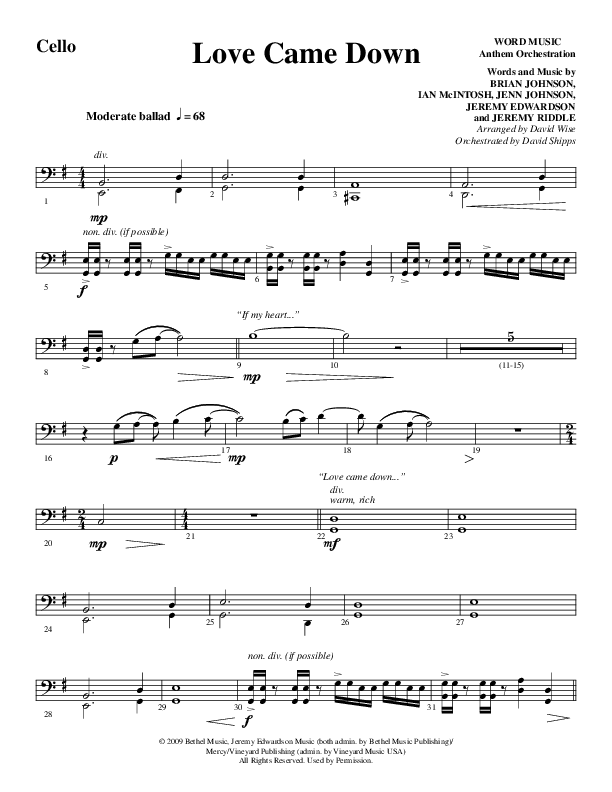 Love Came Down (Choral Anthem SATB) Cello (Word Music Choral / Arr. David Wise / Orch. David Shipps)