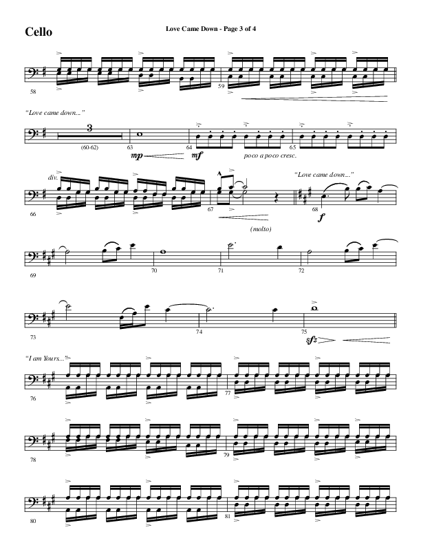 Love Came Down (Choral Anthem SATB) Cello (Word Music Choral / Arr. David Wise / Orch. David Shipps)