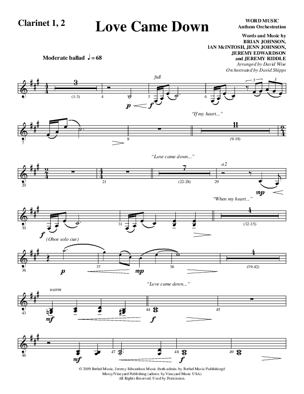Love Came Down (Choral Anthem SATB) Clarinet 1/2 (Word Music Choral / Arr. David Wise / Orch. David Shipps)