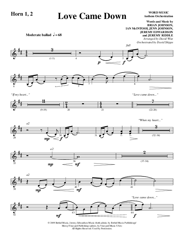 Love Came Down (Choral Anthem SATB) French Horn 1/2 (Word Music Choral / Arr. David Wise / Orch. David Shipps)