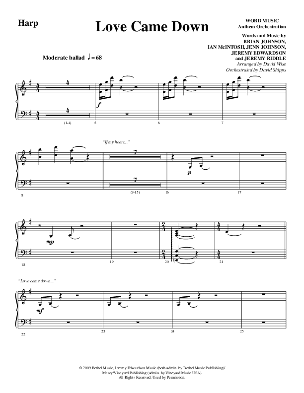 Love Came Down (Choral Anthem SATB) Harp (Word Music Choral / Arr. David Wise / Orch. David Shipps)