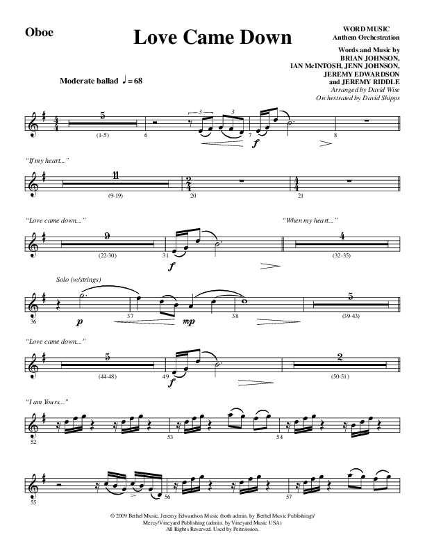 Love Came Down (Choral Anthem SATB) Oboe (Word Music Choral / Arr. David Wise / Orch. David Shipps)