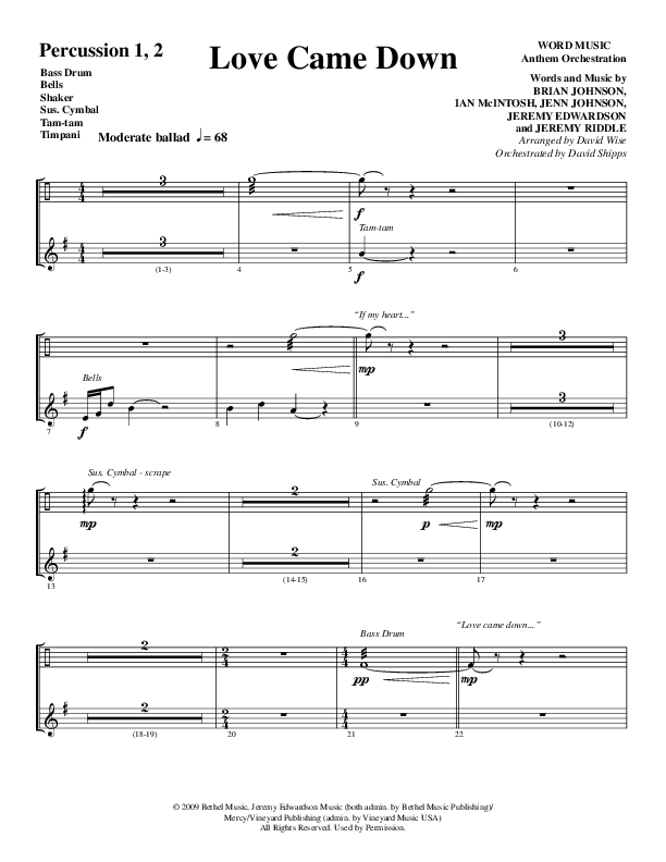 Love Came Down (Choral Anthem SATB) Percussion 1/2 (Word Music Choral / Arr. David Wise / Orch. David Shipps)